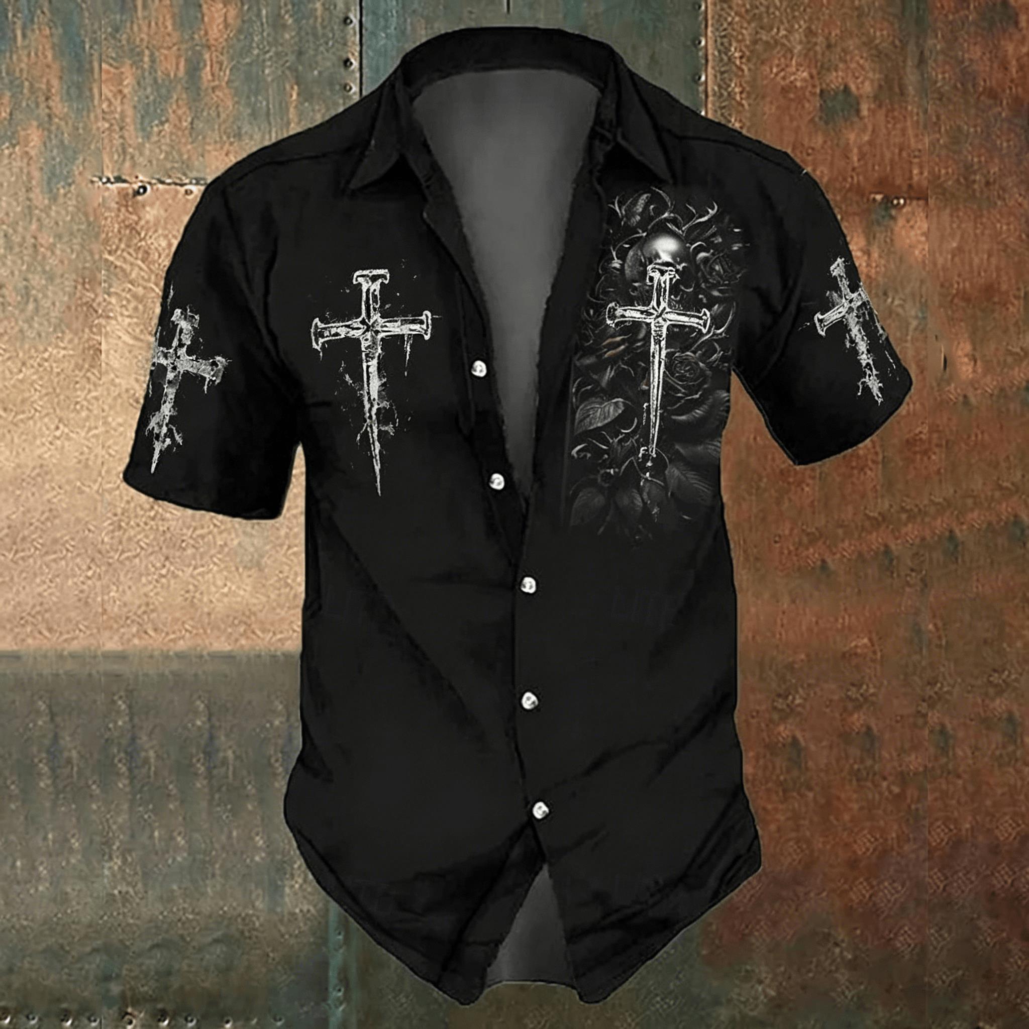 Men's Black Cross Print Casual - Men'S Gothic Formal Wear 评论和价格