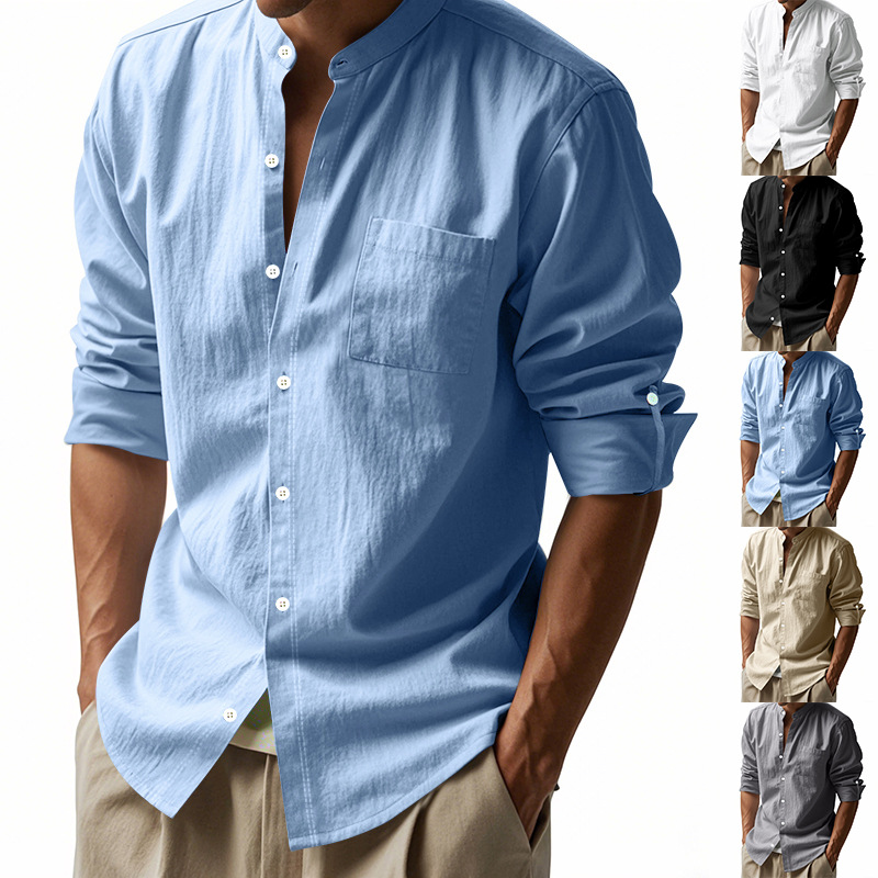 Men's Linen Stand Up Collar Sh - Men Formal Wear Top 评论和价格